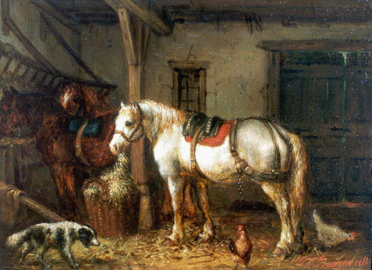 Boogaard W.J. | Willem Johan Boogaard, Stalinterieur met paarden en een hond, olieverf op paneel 16,1 x 22,0 cm, gesigneerd rechtsonder Boogaard W.J. | Willem Johan Boogaard, Stalinterieur met paarden en een hond, olieverf op paneel 16,1 x 22,0 cm, gesigneerd rechtsonder