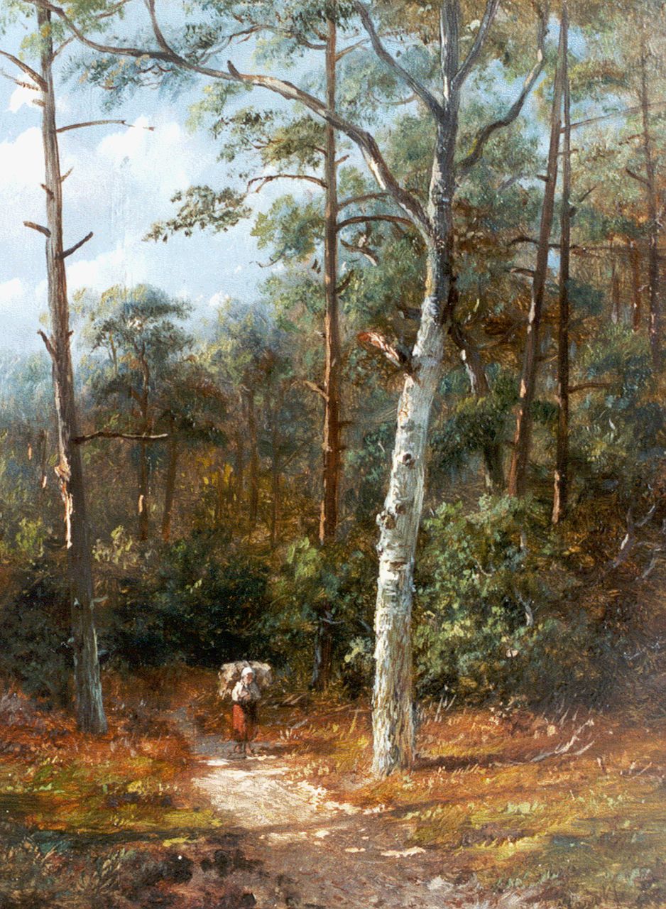Wijngaerdt A.J. van | Anthonie Jacobus van Wijngaerdt, Houtsprokkelaarster in het bos, olieverf op paneel 19,5 x 15,3 cm, gesigneerd rechtsonder Wijngaerdt A.J. van | Anthonie Jacobus van Wijngaerdt, Houtsprokkelaarster in het bos, olieverf op paneel 19,5 x 15,3 cm, gesigneerd rechtsonder