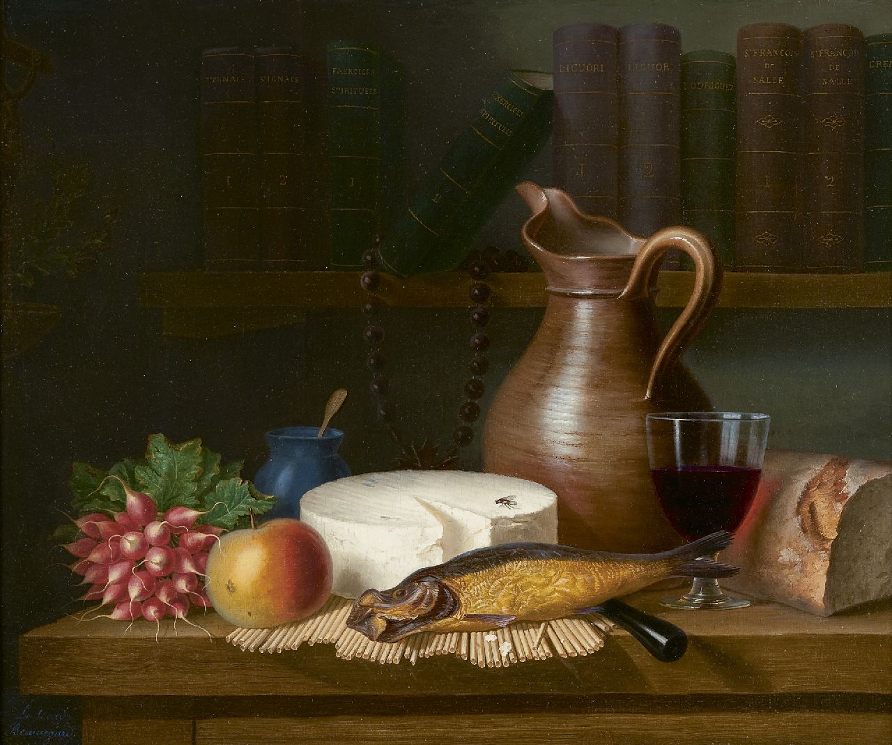 Lesourd-Beauregard A.L.G. | Ange Louis Guillaume Lesourd-Beauregard, Stilleven met kruik, kaas, vis en een glas wijn, olieverf op doek 46,3 x 55,2 cm, gesigneerd linksonder Lesourd-Beauregard A.L.G. | Ange Louis Guillaume Lesourd-Beauregard, Stilleven met kruik, kaas, vis en een glas wijn, olieverf op doek 46,3 x 55,2 cm, gesigneerd linksonder