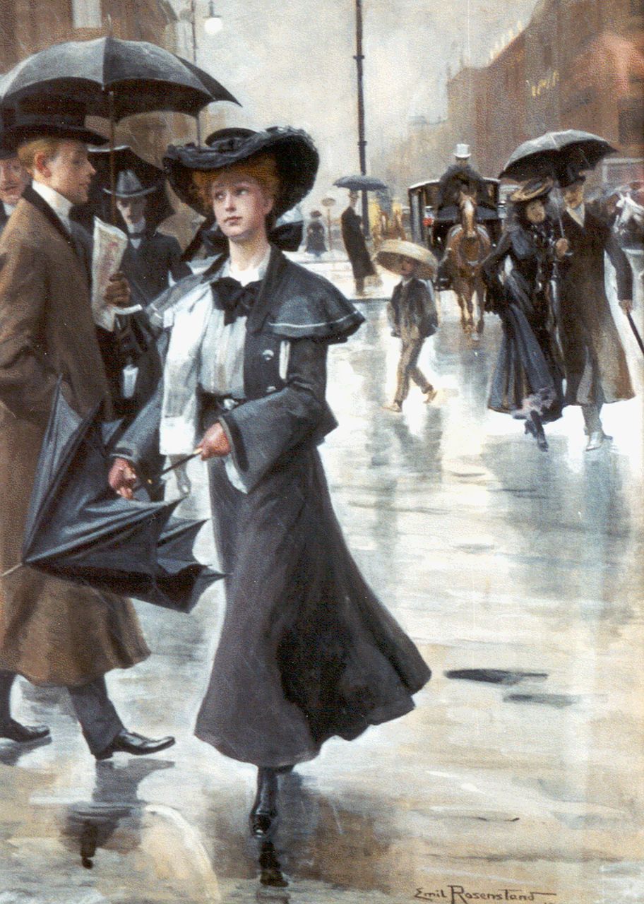 Rosenstand C.E. | Christian 'Emil' Rosenstand, In de regen, gouache op papier 61,0 x 44,5 cm, gesigneerd rechtsonder en gedateerd 1903 Rosenstand C.E. | Christian 'Emil' Rosenstand, In de regen, gouache op papier 61,0 x 44,5 cm, gesigneerd rechtsonder en gedateerd 1903