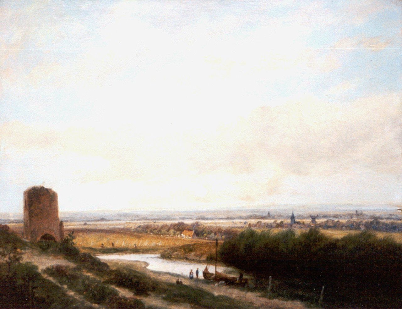 Morel II J.E. | Jan Evert Morel II, Panoramisch landschap met ruïne - i.o. !!!, olieverf op paneel 24,4 x 31,3 cm, gesigneerd linksonder Morel II J.E. | Jan Evert Morel II, Panoramisch landschap met ruïne - i.o. !!!, olieverf op paneel 24,4 x 31,3 cm, gesigneerd linksonder