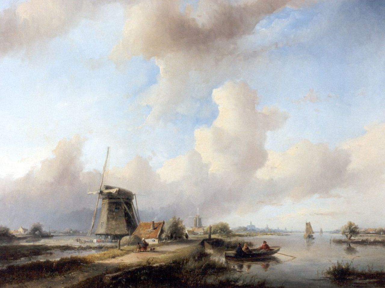 Spohler J.J.  | Jan Jacob Spohler, Zomers rivierenlandschap met figuren bij een molen, olieverf op paneel 56,3 x 71,7 cm, gesigneerd linksonder