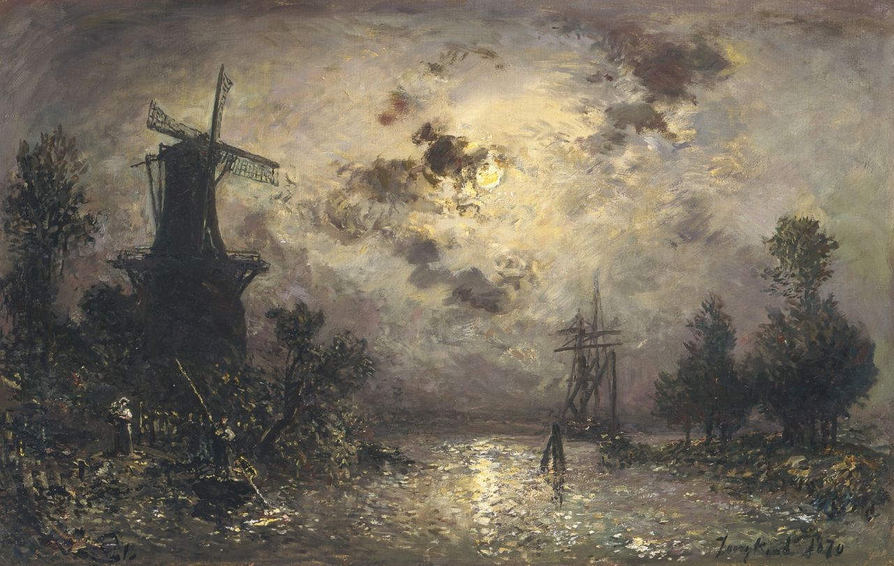 Jongkind J.B. | Johan Barthold Jongkind, Rivierlandschap bij maanlicht, olieverf op doek 41,5 x 65,0 cm, gesigneerd rechtsonder en gedateerd 1870 Jongkind J.B. | Johan Barthold Jongkind, Rivierlandschap bij maanlicht, olieverf op doek 41,5 x 65,0 cm, gesigneerd rechtsonder en gedateerd 1870