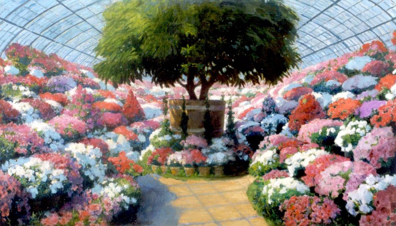 Dvorak F. | Franz Dvorak, Orangerie met bloeiende bloemen, olieverf op doek 75,0 x 128,0 cm, gesigneerd middenonder Dvorak F. | Franz Dvorak, Orangerie met bloeiende bloemen, olieverf op doek 75,0 x 128,0 cm, gesigneerd middenonder