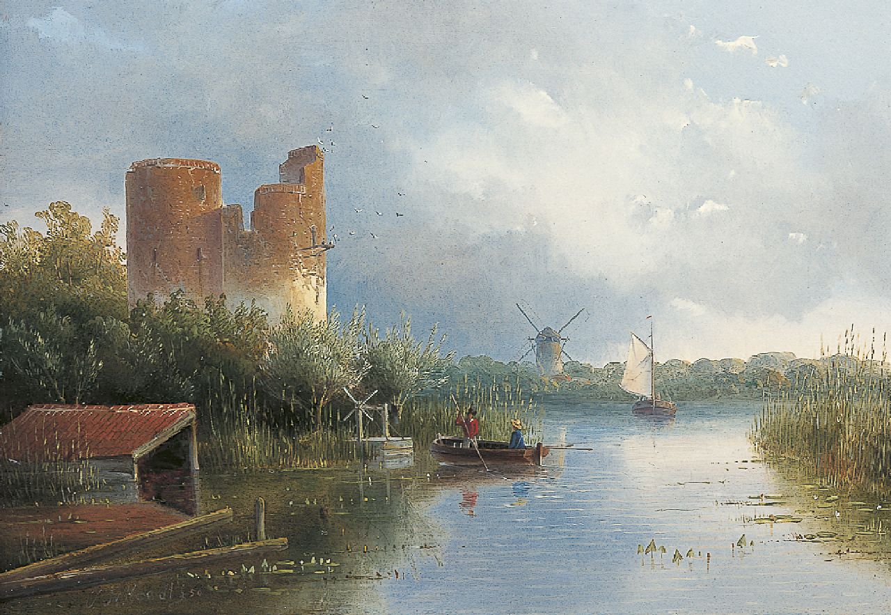 Hoedt J.H.W. | Jan Hendrik Willem Hoedt, Rivierlandschap met vissers, olieverf op paneel 21,9 x 30,9 cm, gesigneerd linksonder en gedateerd '50 Hoedt J.H.W. | Jan Hendrik Willem Hoedt, Rivierlandschap met vissers, olieverf op paneel 21,9 x 30,9 cm, gesigneerd linksonder en gedateerd '50