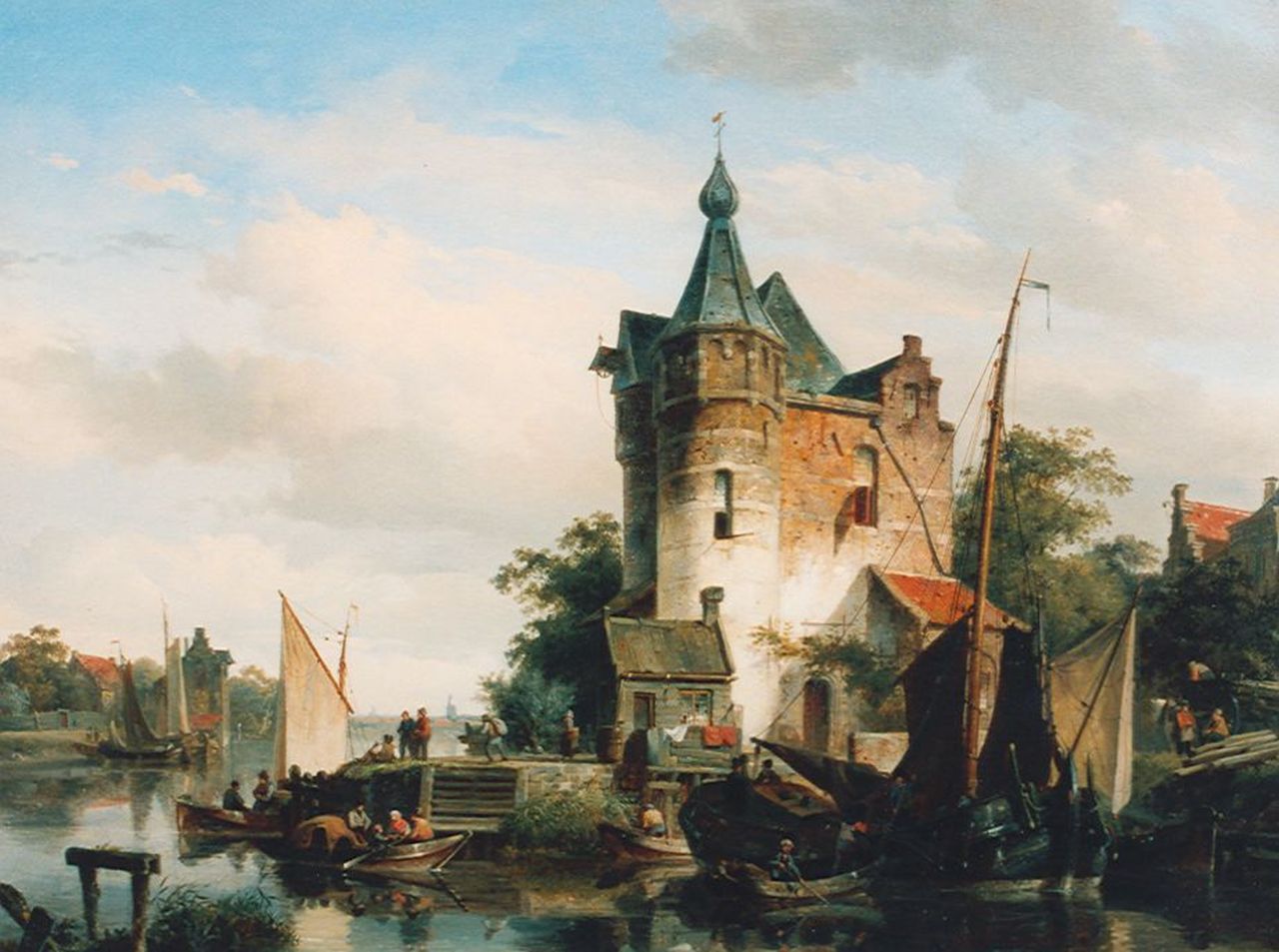 Springer C. | Cornelis Springer, Gemeerde platbodems en roeiboten bij een havenhoofd, olieverf op doek 59,0 x 78,0 cm, gesigneerd linksonder en gedateerd '44 Springer C. | Cornelis Springer, Gemeerde platbodems en roeiboten bij een havenhoofd, olieverf op doek 59,0 x 78,0 cm, gesigneerd linksonder en gedateerd '44