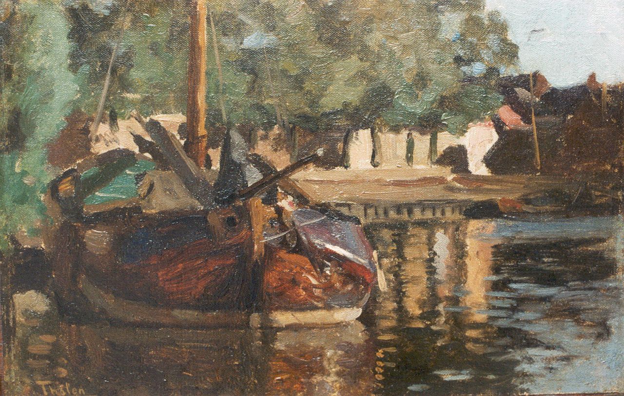 Tholen W.B. | Willem Bastiaan Tholen, Beurtschip in een binnenhaven, olieverf op doek op paneel 18,2 x 28,5 cm, gesigneerd linksonder en te dateren ca. 1910 Tholen W.B. | Willem Bastiaan Tholen, Beurtschip in een binnenhaven, olieverf op doek op paneel 18,2 x 28,5 cm, gesigneerd linksonder en te dateren ca. 1910