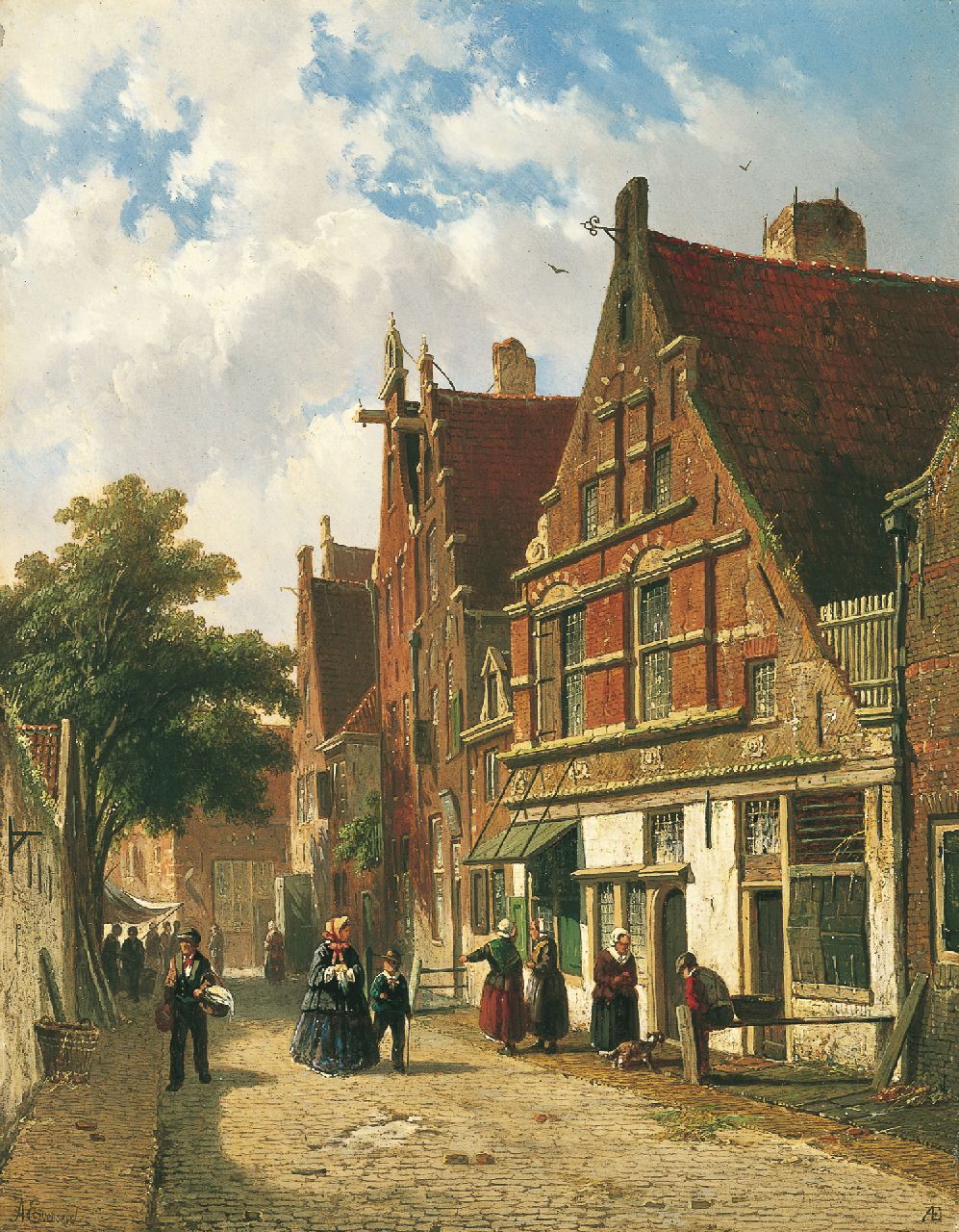Eversen A. | Adrianus Eversen, Hollands straatje in de zomer, olieverf op paneel 34,5 x 27,0 cm, gesigneerd linksonder + rechtsonder met monogram Eversen A. | Adrianus Eversen, Hollands straatje in de zomer, olieverf op paneel 34,5 x 27,0 cm, gesigneerd linksonder + rechtsonder met monogram