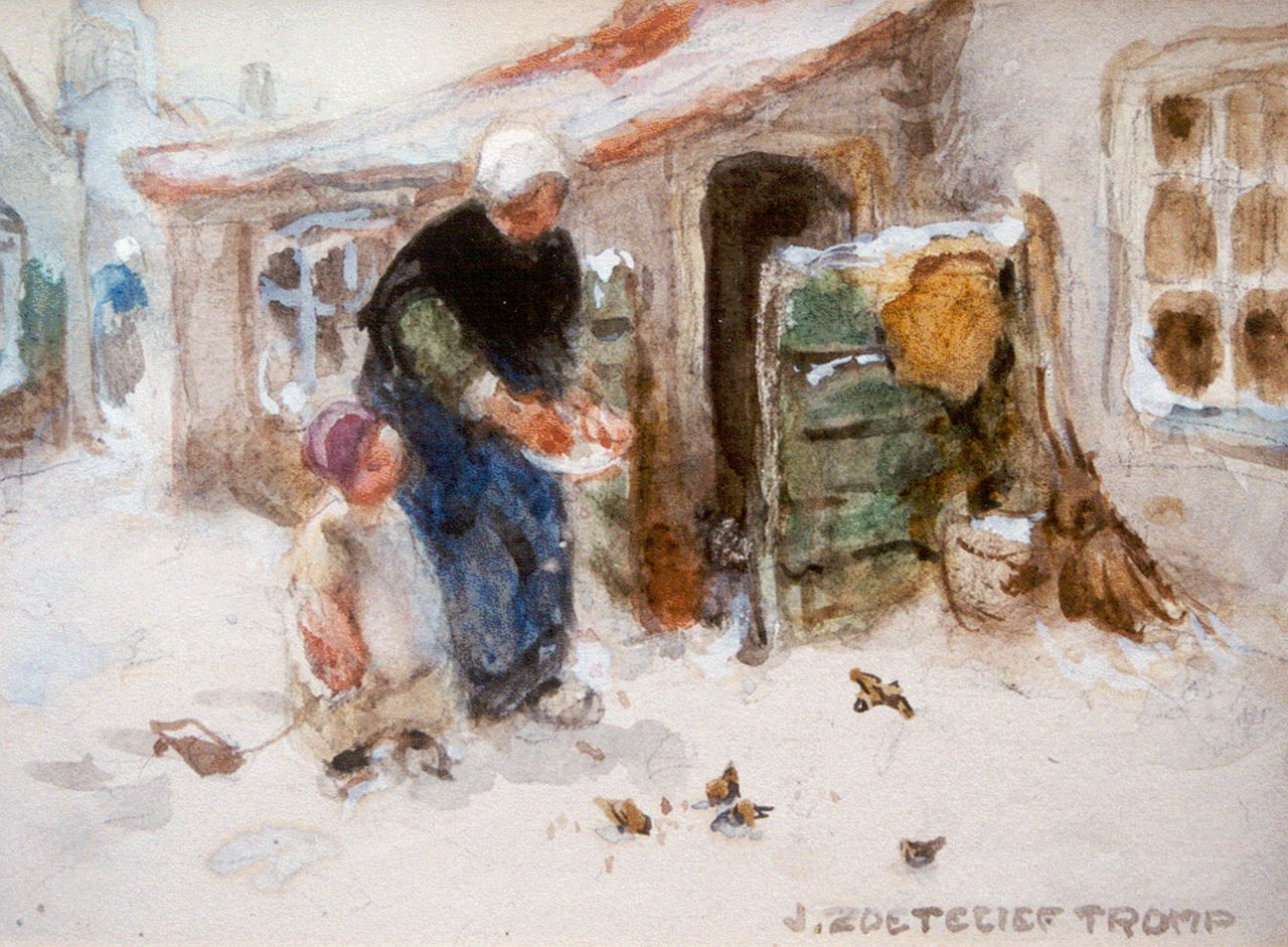 Zoetelief Tromp J. | Johannes 'Jan' Zoetelief Tromp, Vogeltjes voeren in de winter, aquarel op papier 14,5 x 19,0 cm, gesigneerd rechtsonder Zoetelief Tromp J. | Johannes 'Jan' Zoetelief Tromp, Vogeltjes voeren in de winter, aquarel op papier 14,5 x 19,0 cm, gesigneerd rechtsonder