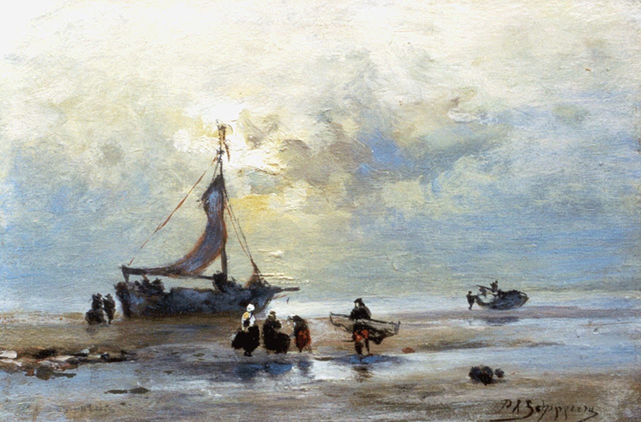 Schipperus P.A. | Pieter Adrianus 'Piet' Schipperus, Bomschuit met vissersvolk, Scheveningen, olieverf op paneel 16,9 x 25,2 cm, gesigneerd rechtsonder en vaag linksonder Schipperus P.A. | Pieter Adrianus 'Piet' Schipperus, Bomschuit met vissersvolk, Scheveningen, olieverf op paneel 16,9 x 25,2 cm, gesigneerd rechtsonder en vaag linksonder