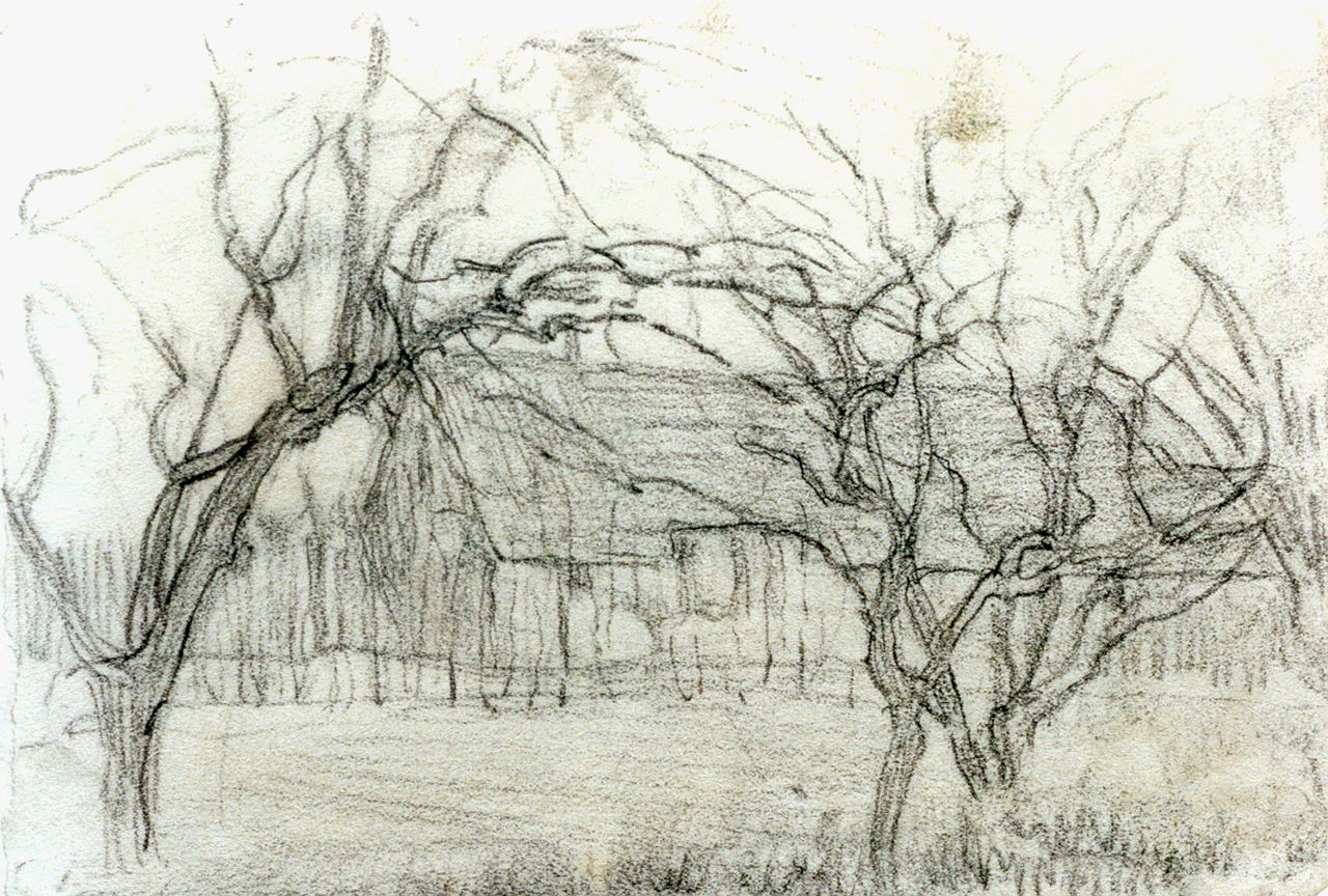 Mondriaan P.C. | Pieter Cornelis 'Piet' Mondriaan, Boerderij achter bomen, krijt op papier 11,7 x 16,8 cm, te dateren ca. 1905 Mondriaan P.C. | Pieter Cornelis 'Piet' Mondriaan, Boerderij achter bomen, krijt op papier 11,7 x 16,8 cm, te dateren ca. 1905