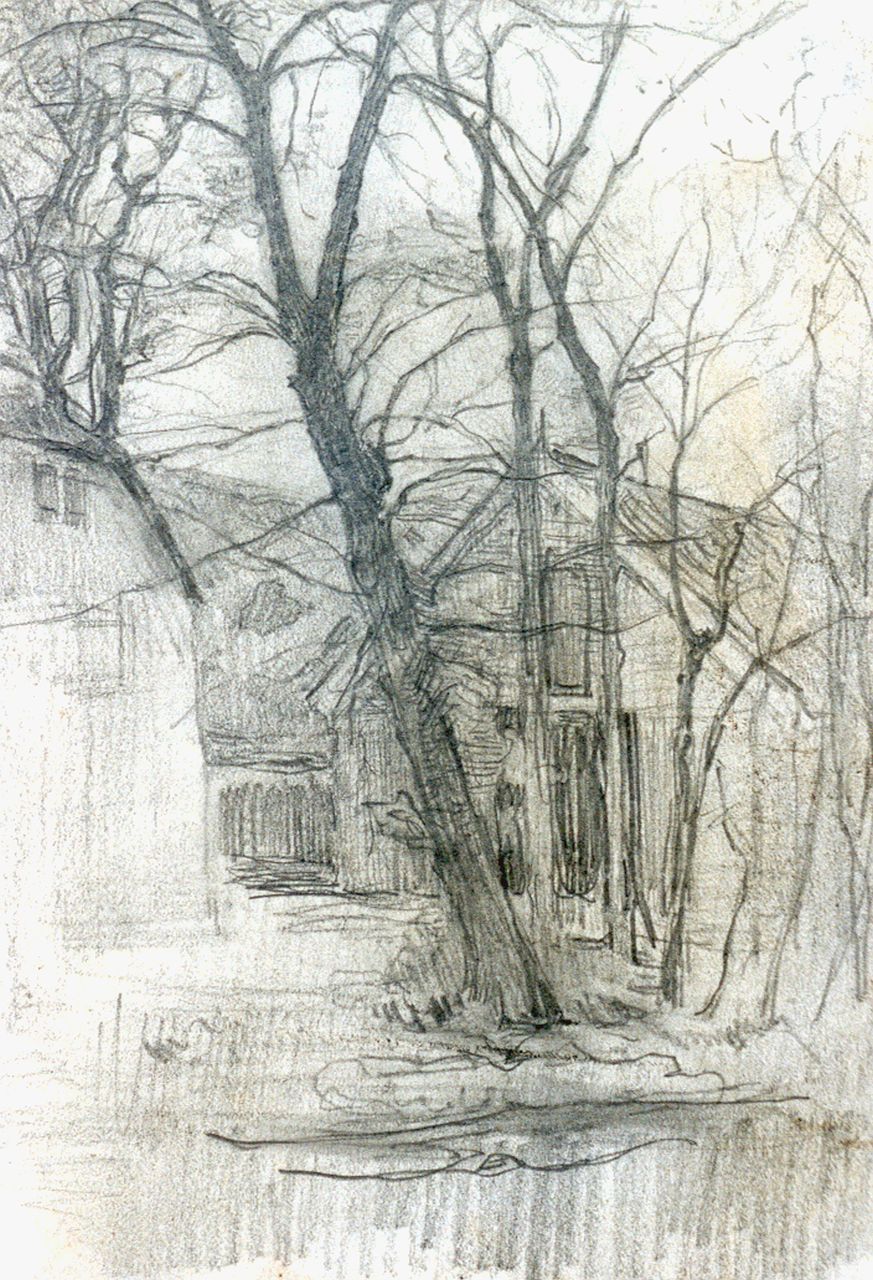 Mondriaan P.C.  | Pieter Cornelis 'Piet' Mondriaan, Boerderij bij Duivendrecht; detailstudie van schuur en water, potlood op papier 16,7 x 11,7 cm, te dateren ca. 1905