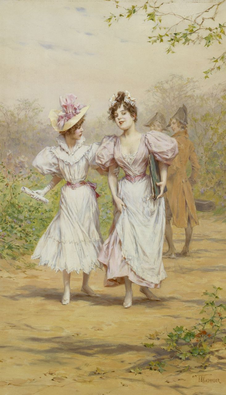 Kaemmerer F.H.  | Frederik Hendrik Kaemmerer, Elegante jonge vrouwen, olieverf op doek 55,2 x 32,8 cm, gesigneerd rechtsonder