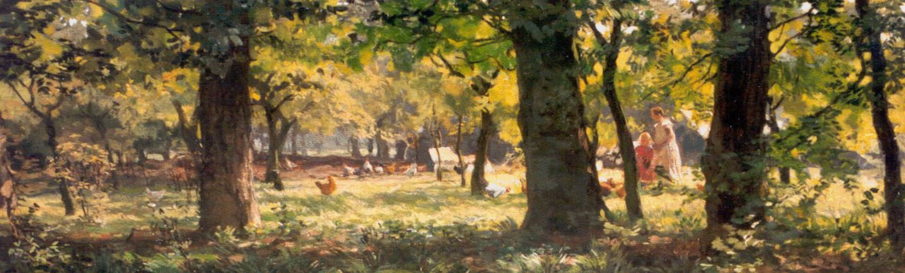 Tholen W.B. | Willem Bastiaan Tholen, Kinderen voeren de kippen in zonnig bos, olieverf op doek 37,3 x 108,2 cm, gesigneerd linksonder Tholen W.B. | Willem Bastiaan Tholen, Kinderen voeren de kippen in zonnig bos, olieverf op doek 37,3 x 108,2 cm, gesigneerd linksonder