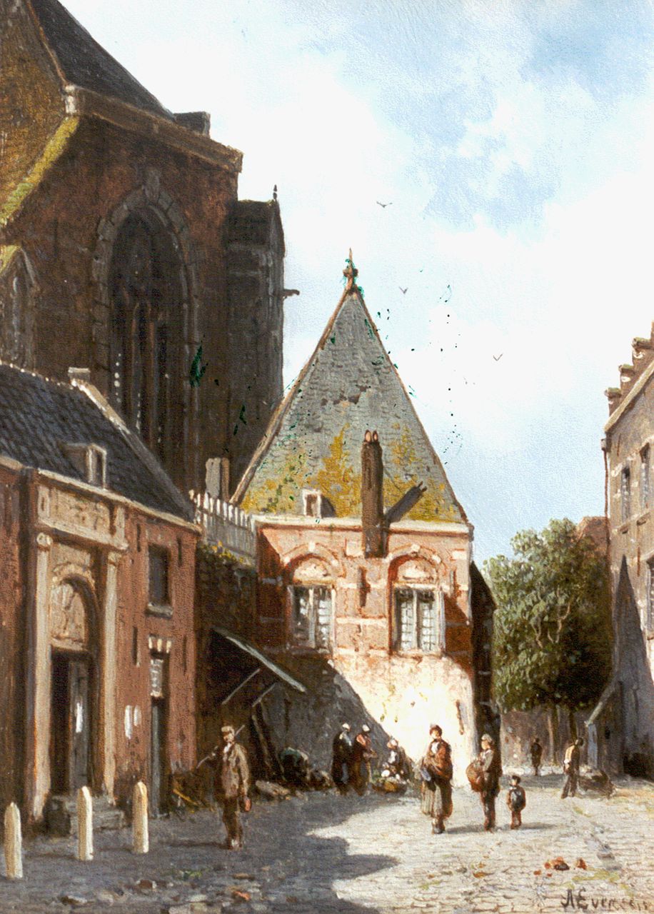 Eversen A. | Adrianus Eversen, Gezicht op een zonnig kerkplein, olieverf op paneel 19,9 x 14,4 cm, gesigneerd rechtsonder Eversen A. | Adrianus Eversen, Gezicht op een zonnig kerkplein, olieverf op paneel 19,9 x 14,4 cm, gesigneerd rechtsonder