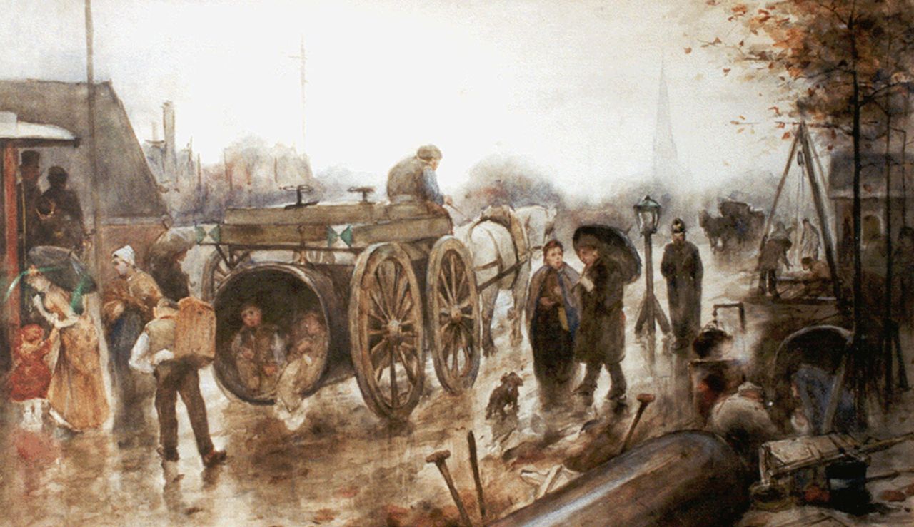 Jong J. de | Johannes 'Jan' de Jong, Vertier, verkeer en werk op straat in Rotterdam, aquarel op papier 34,0 x 58,0 cm, gesigneerd rechtsonder en gedateerd '95