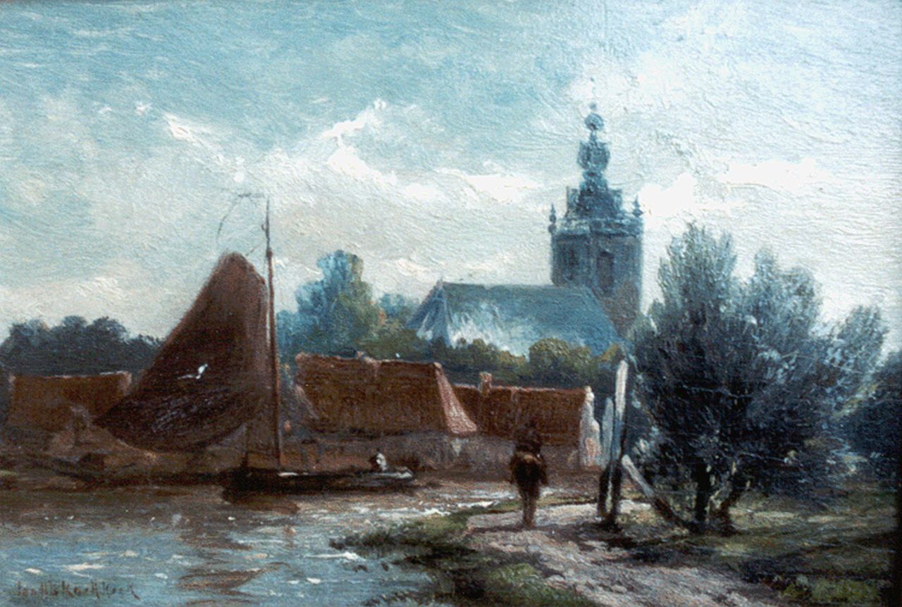 Koekkoek J.H.B.  | Johannes Hermanus Barend 'Jan H.B.' Koekkoek, Man en paard langs de Schie bij Overschie, olieverf op paneel 12,0 x 17,5 cm, gesigneerd linksonder