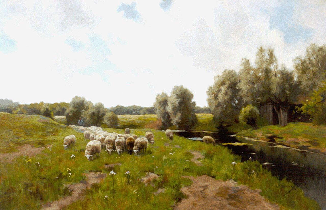 Steelink jr. W. | Willem Steelink jr., Landschap met schaapskudde, olieverf op doek 62,8 x 95,0 cm, gesigneerd rechtsonder Steelink jr. W. | Willem Steelink jr., Landschap met schaapskudde, olieverf op doek 62,8 x 95,0 cm, gesigneerd rechtsonder