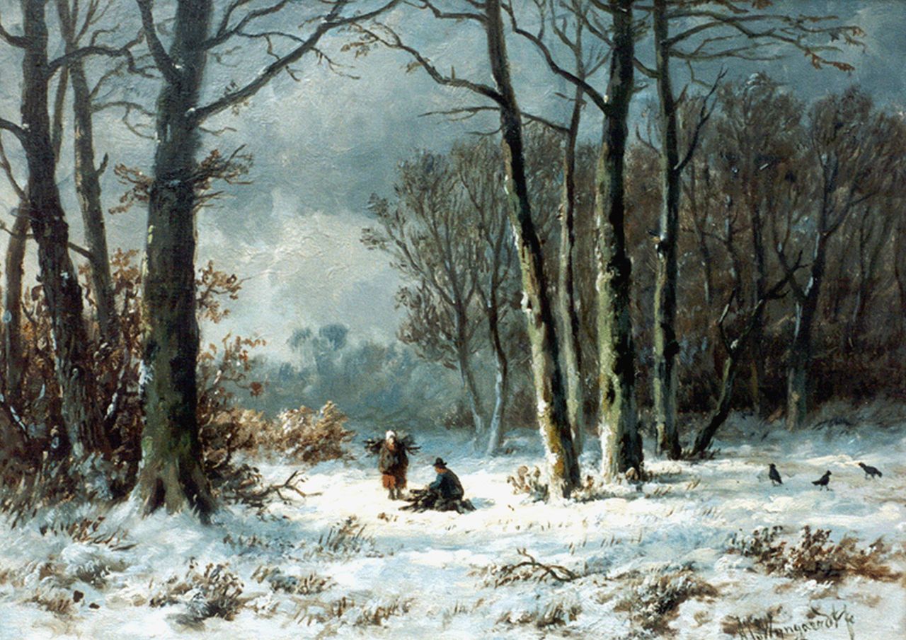 Wijngaerdt A.J. van | Anthonie Jacobus van Wijngaerdt, Winters bosgezicht met houtsprokkelaars, olieverf op paneel 23,6 x 33,1 cm, gesigneerd rechtsonder Wijngaerdt A.J. van | Anthonie Jacobus van Wijngaerdt, Winters bosgezicht met houtsprokkelaars, olieverf op paneel 23,6 x 33,1 cm, gesigneerd rechtsonder