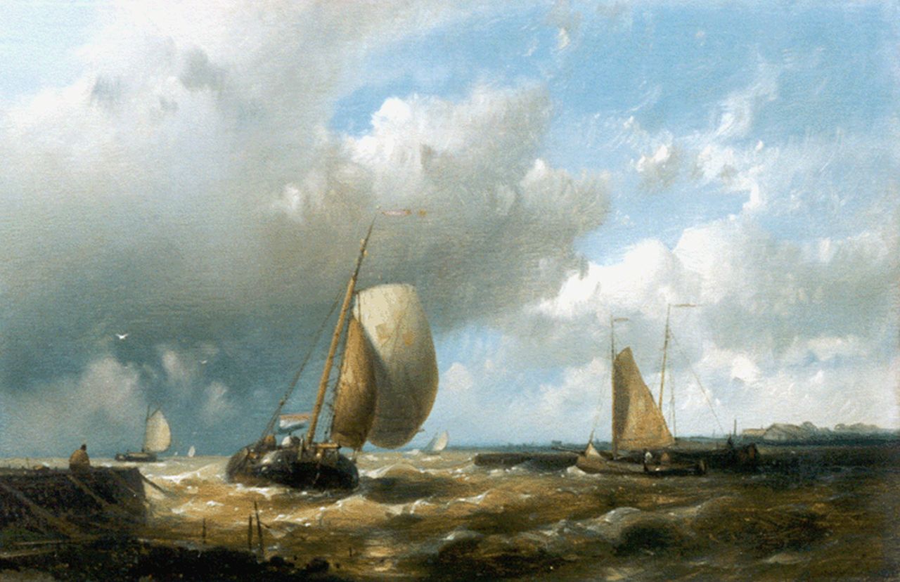 Hulk A.  | Abraham Hulk, Zeilschepen bij een pier in een forse bries, olieverf op paneel 16,7 x 25,6 cm, gesigneerd linksonder