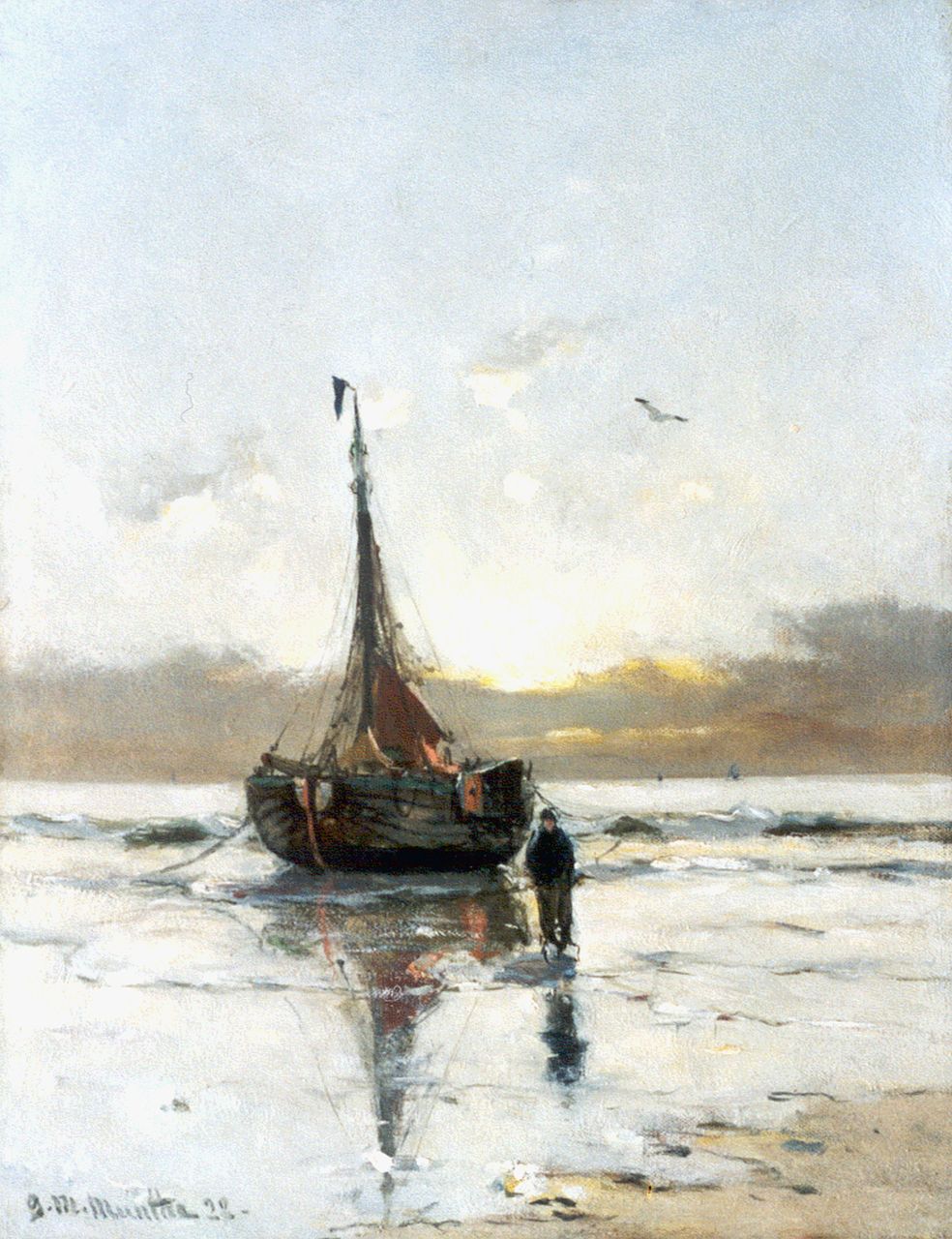 Munthe G.A.L. | Gerhard Arij Ludwig 'Morgenstjerne' Munthe, Aangemeerde bomschuit bij zonsondergang, olieverf op doek op schildersboard 35,0 x 27,0 cm, gesigneerd linksonder en gedateerd '22 Munthe G.A.L. | Gerhard Arij Ludwig 'Morgenstjerne' Munthe, Aangemeerde bomschuit bij zonsondergang, olieverf op doek op schildersboard 35,0 x 27,0 cm, gesigneerd linksonder en gedateerd '22