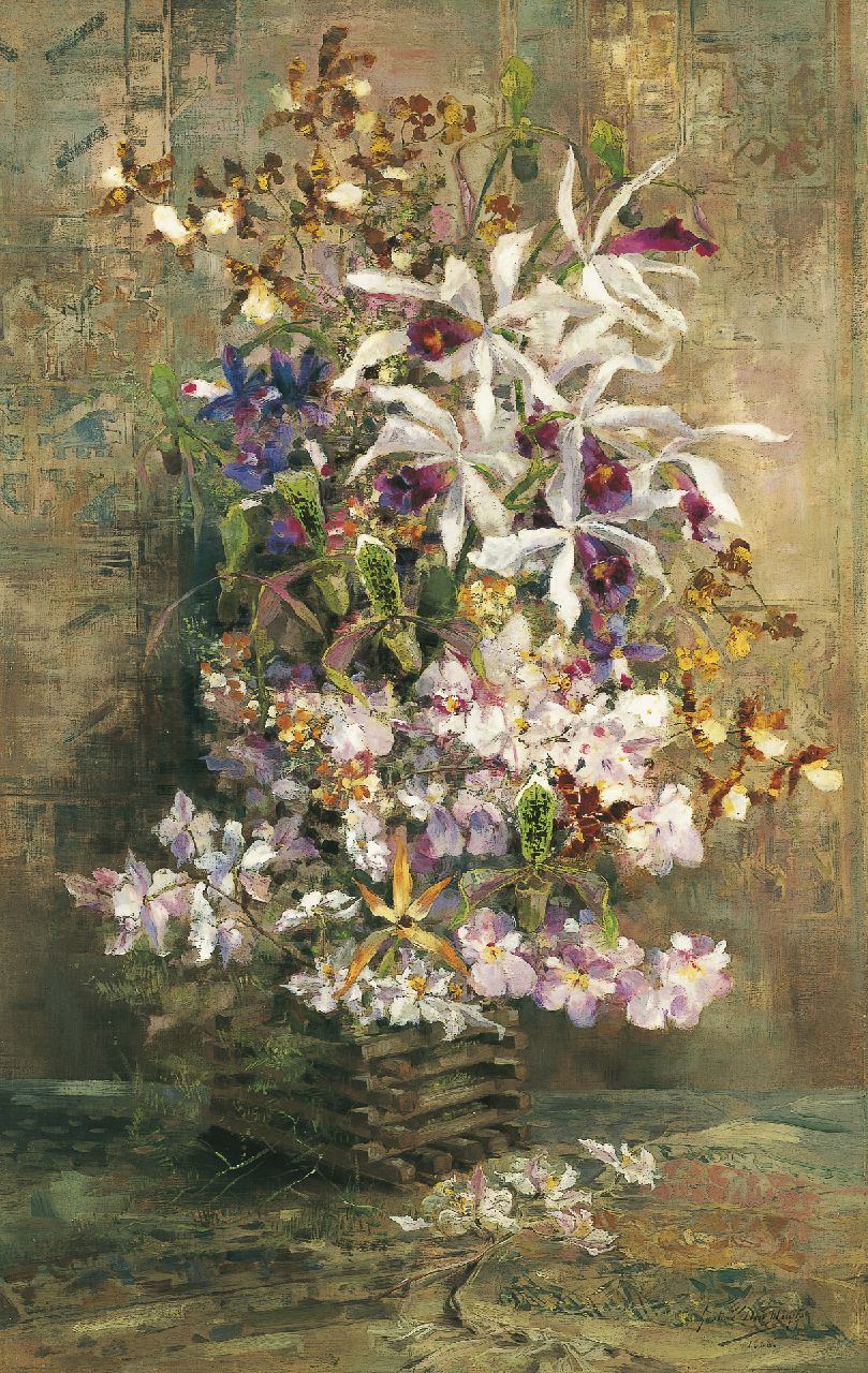Duyts G. den | Gustave den Duyts, Stilleven met orchideeën, olieverf op doek 108,7 x 68,3 cm, gesigneerd r.o en gedateerd 1888 Duyts G. den | Gustave den Duyts, Stilleven met orchideeën, olieverf op doek 108,7 x 68,3 cm, gesigneerd r.o en gedateerd 1888