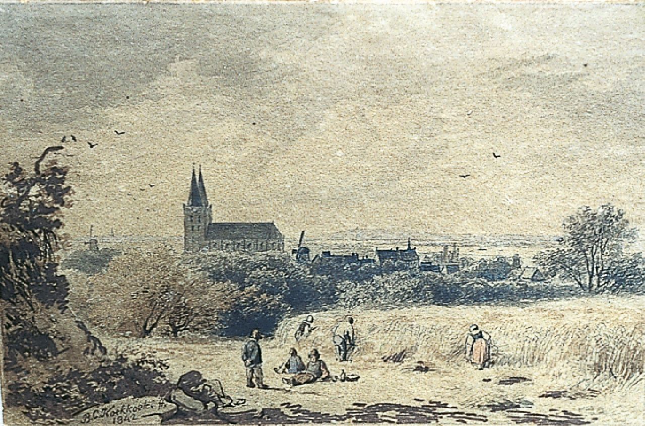 Koekkoek B.C.  | Barend Cornelis Koekkoek, Gezicht op Xanten (bij Kleef) vanaf een heuvel, inkt, pen en aquarel op papier 8,0 x 12,2 cm, gesigneerd linksonder en gedateerd, 1842. Geschonken aan B.C. KOEKKOEK-HAUS