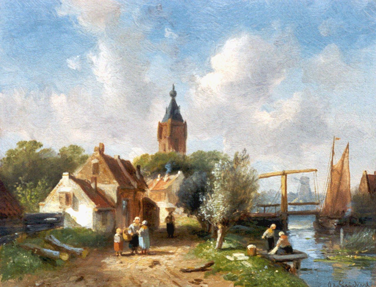 Leickert C.H.J. | 'Charles' Henri Joseph Leickert, Zomers dorpsgezicht met ophaalbrug, olieverf op paneel 21,5 x 27,0 cm, gesigneerd rechtsonder Leickert C.H.J. | 'Charles' Henri Joseph Leickert, Zomers dorpsgezicht met ophaalbrug, olieverf op paneel 21,5 x 27,0 cm, gesigneerd rechtsonder