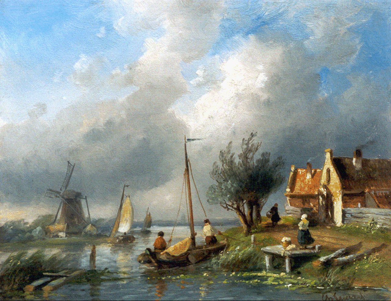 Leickert C.H.J.  | 'Charles' Henri Joseph Leickert, Zeilscheepjes op een vaart bij een molen, olieverf op paneel 21,7 x 27,1 cm, gesigneerd rechtsonder
