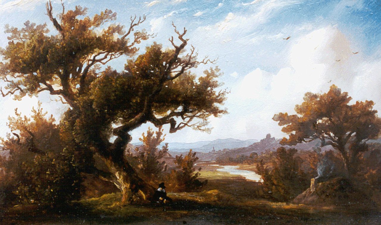 Tavenraat J. | Johannes Tavenraat, Rivierlandschap, olieverf op paneel 11,5 x 19,0 cm, gesigneerd linksonder en gedateerd 1848 Tavenraat J. | Johannes Tavenraat, Rivierlandschap, olieverf op paneel 11,5 x 19,0 cm, gesigneerd linksonder en gedateerd 1848