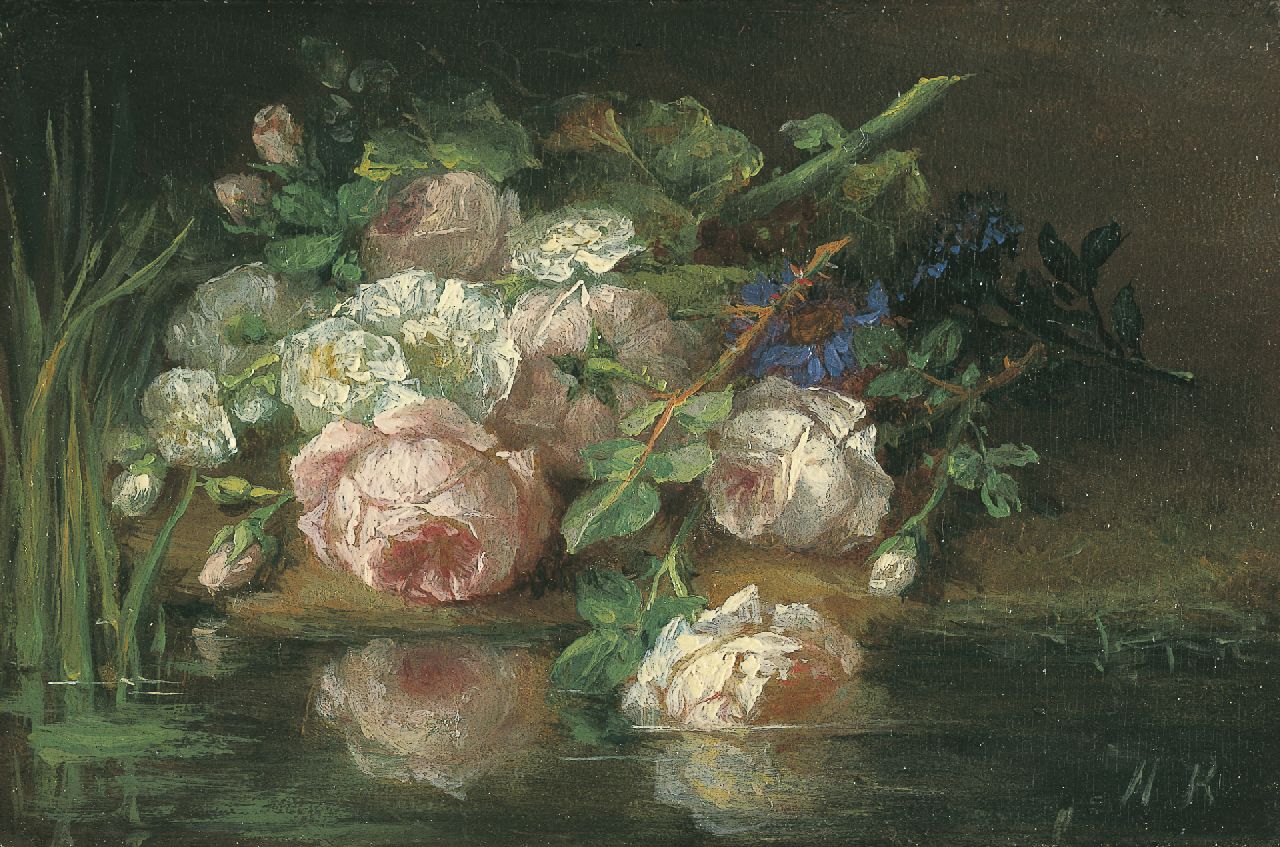 Roosenboom M.C.J.W.H.  | 'Margaretha' Cornelia Johanna Wilhelmina Henriëtta Roosenboom, Boeket bloemen aan de waterkant, olieverf op paneel 7,4 x 11,2 cm, gesigneerd rechtsonder met initialen