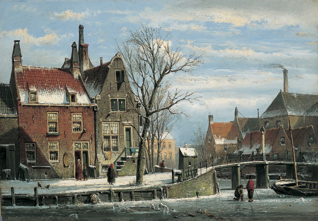 Koekkoek W. | Willem Koekkoek, Winters stadsgezicht met figuren bij een brug, olieverf op doek 40,0 x 57,0 cm, te dateren 1862-1865 Koekkoek W. | Willem Koekkoek, Winters stadsgezicht met figuren bij een brug, olieverf op doek 40,0 x 57,0 cm, te dateren 1862-1865