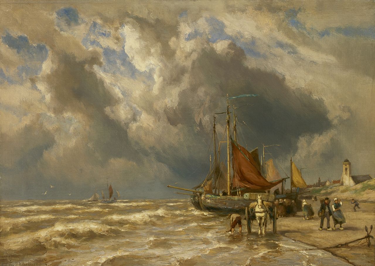 Koekkoek J.H.B.  | Johannes Hermanus Barend 'Jan H.B.' Koekkoek, Bomschuiten op het strand bij Katwijk aan Zee, olieverf op doek 50,4 x 70,1 cm, gesigneerd linksonder + verso op etik