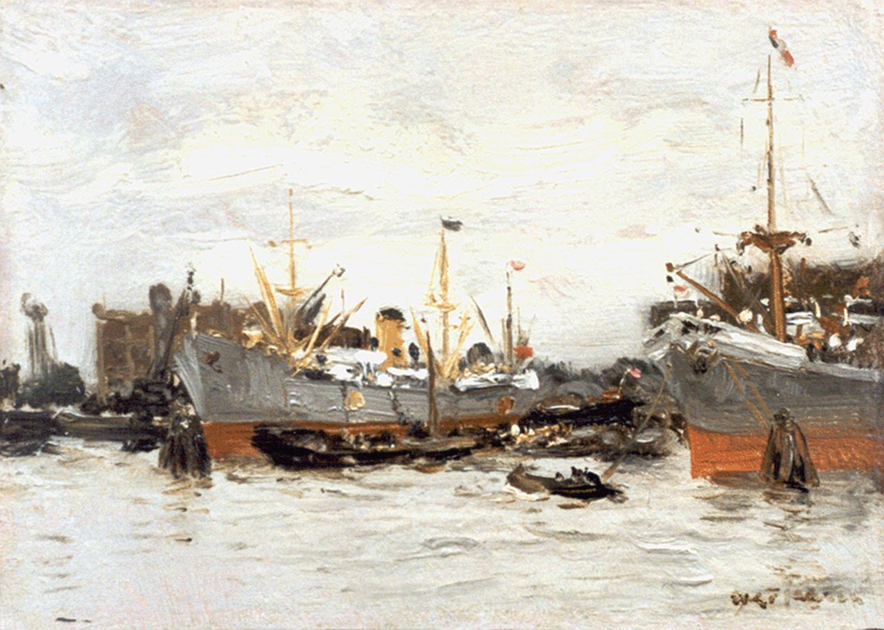 Jansen W.G.F. | 'Willem' George Frederik Jansen, Havengezicht Rotterdam, olieverf op paneel 15,0 x 21,0 cm, gesigneerd rechtsonder Jansen W.G.F. | 'Willem' George Frederik Jansen, Havengezicht Rotterdam, olieverf op paneel 15,0 x 21,0 cm, gesigneerd rechtsonder