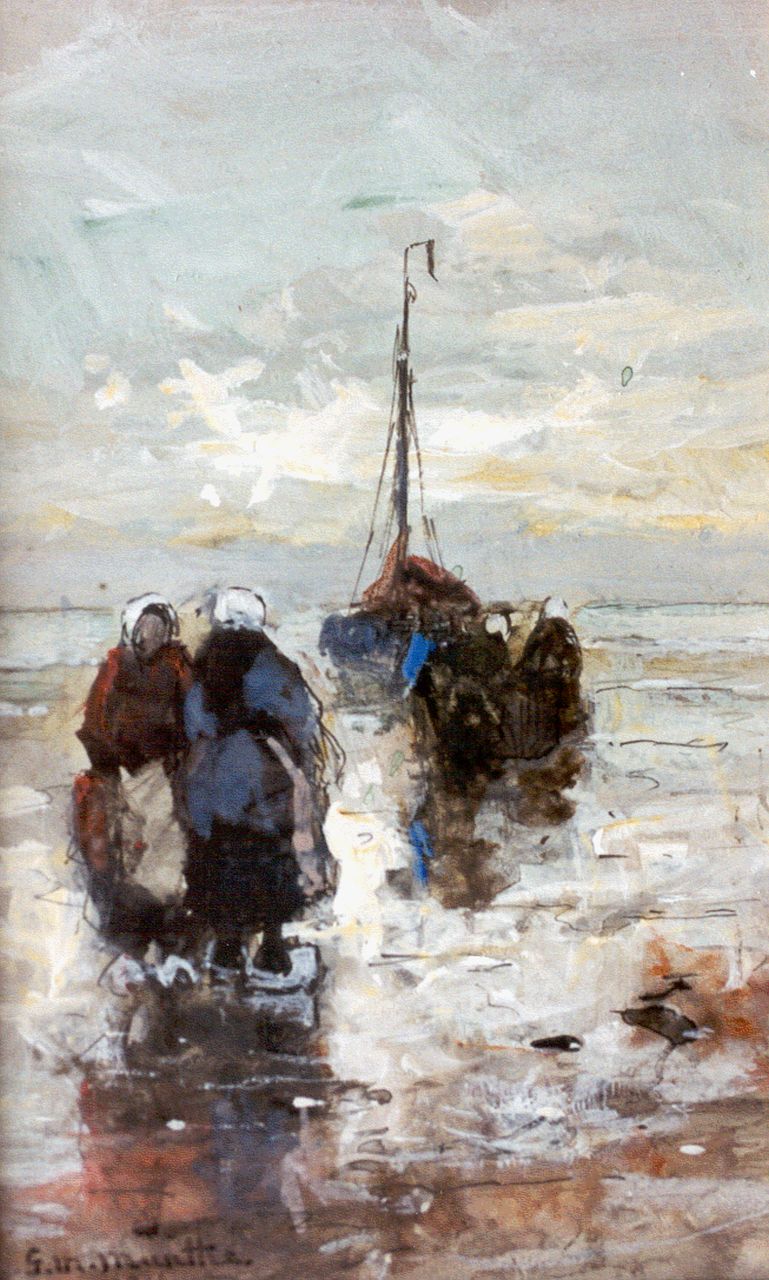 Munthe G.A.L. | Gerhard Arij Ludwig 'Morgenstjerne' Munthe, Vissersvrouwen op het strand van Katwijk, aquarel en gouache op papier 18,6 x 11,3 cm, gesigneerd linksonder + verso en gedateerd en verso gedateerd 1916 Munthe G.A.L. | Gerhard Arij Ludwig 'Morgenstjerne' Munthe, Vissersvrouwen op het strand van Katwijk, aquarel en gouache op papier 18,6 x 11,3 cm, gesigneerd linksonder + verso en gedateerd en verso gedateerd 1916