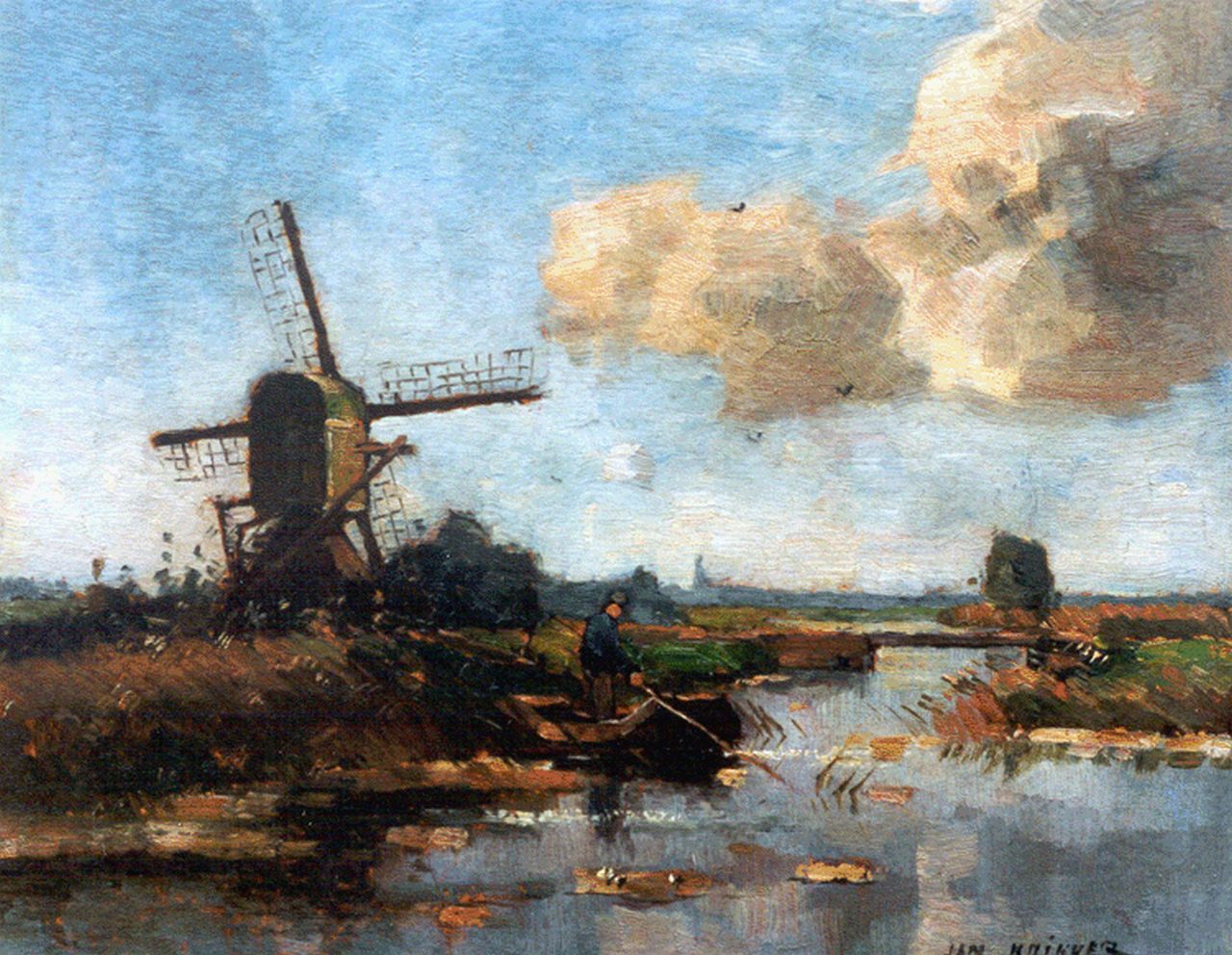 Knikker sr. J.S.  | 'Jan' Simon Knikker sr., Poldervaart met visser, olieverf op schildersboard 25,3 x 28,1 cm, gesigneerd rechtsonder