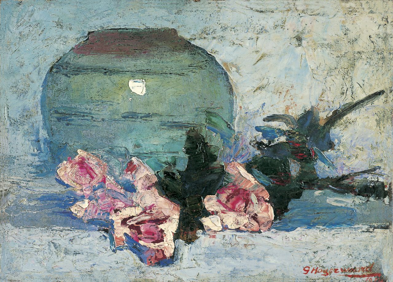 Hogerwaard G. | Georges 'George' Hogerwaard, Stilleven met rozen bij een vaas, olieverf op doek 24,2 x 33,2 cm, gesigneerd rechtsonder en gedateerd 1924 Hogerwaard G. | Georges 'George' Hogerwaard, Stilleven met rozen bij een vaas, olieverf op doek 24,2 x 33,2 cm, gesigneerd rechtsonder en gedateerd 1924