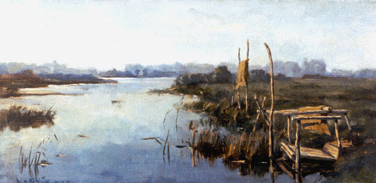 Köhler W.H. | Willem Hendrik Köhler, Vlonders aan de vaart, olieverf op doek 20,2 x 40,2 cm, gesigneerd linksonder + verso Köhler W.H. | Willem Hendrik Köhler, Vlonders aan de vaart, olieverf op doek 20,2 x 40,2 cm, gesigneerd linksonder + verso