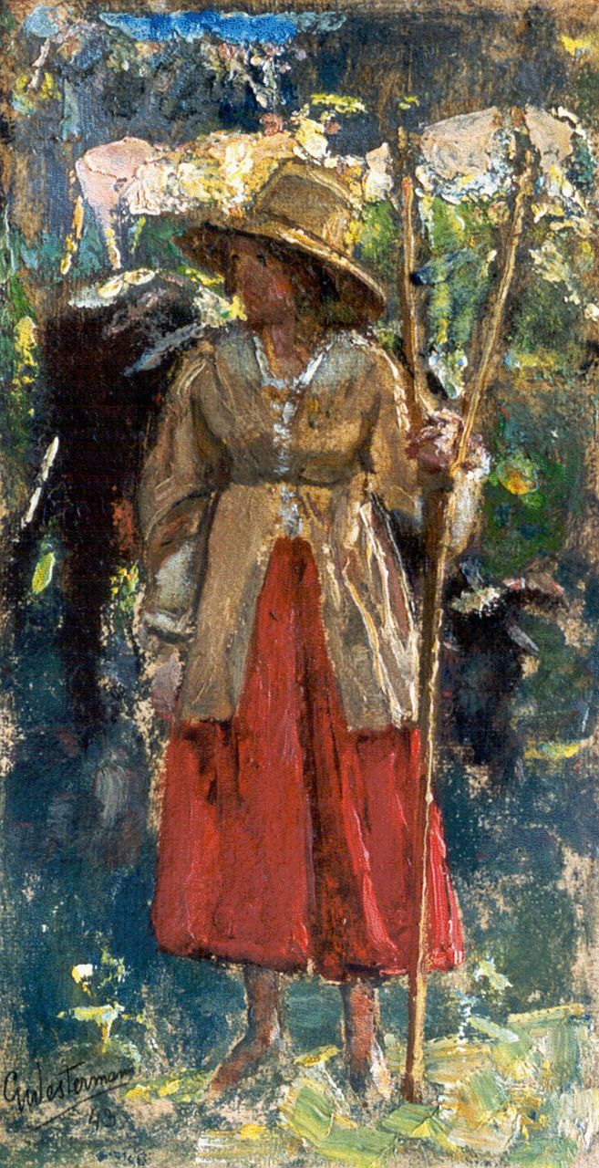 Westermann G.B.J. | Gerhardus Bernardus Josephus 'Gerard' Westermann, Herderin, olieverf op doek op karton 28,2 x 15,5 cm, gesigneerd linksonder en gedateerd '43 Westermann G.B.J. | Gerhardus Bernardus Josephus 'Gerard' Westermann, Herderin, olieverf op doek op karton 28,2 x 15,5 cm, gesigneerd linksonder en gedateerd '43