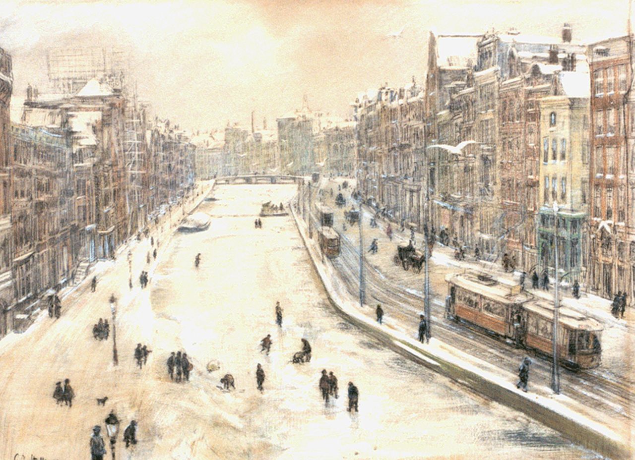 Staller G.J.  | Gerard Johan Staller, Schaatsers op het Rokin in Amsterdam, 1906, houtskool en krijt op papier 48,0 x 65,0 cm, gesigneerd linksonder + verso en gedateerd 1906
