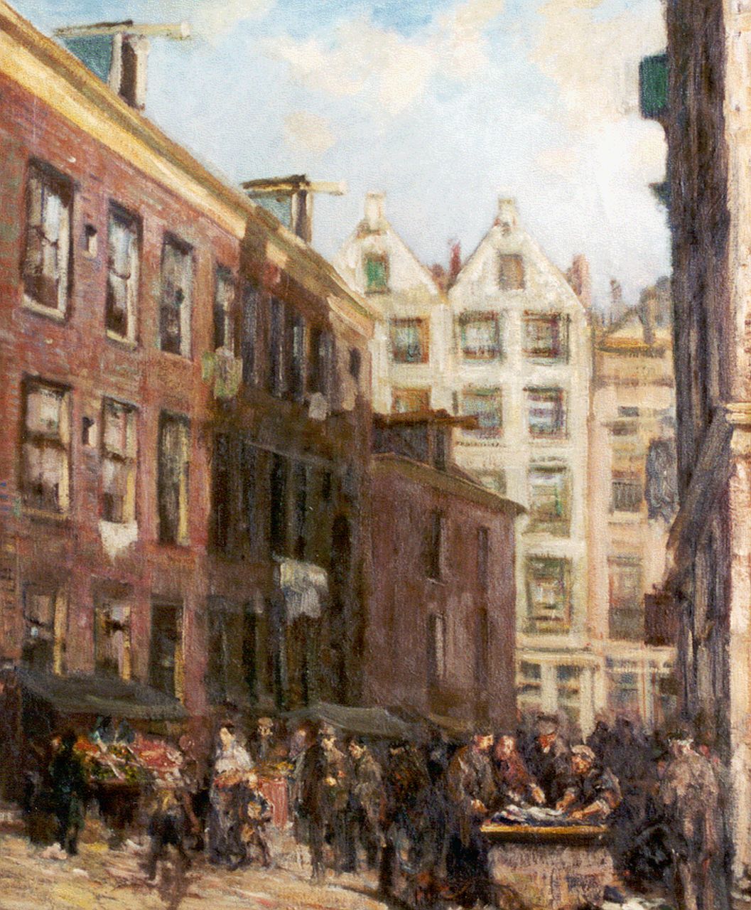 Staller G.J.  | Gerard Johan Staller, Stadsgezicht met marktstalletjes in Amsterdam, olieverf op doek 79,9 x 65,5 cm