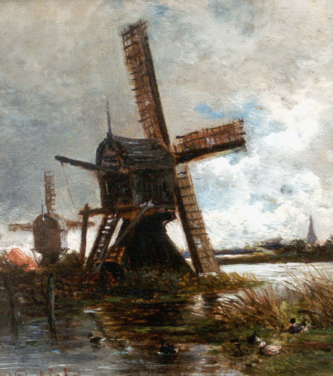 Roelofs W. | Willem Roelofs, Wipwatermolen aan een vaart, olieverf op paneel 14,5 x 12,9 cm, gesigneerd linksonder en gedateerd '56 Roelofs W. | Willem Roelofs, Wipwatermolen aan een vaart, olieverf op paneel 14,5 x 12,9 cm, gesigneerd linksonder en gedateerd '56