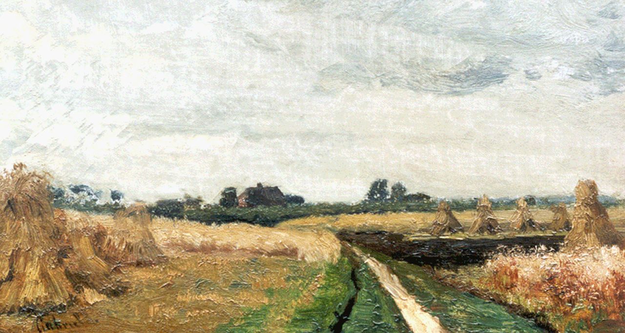 Gabriel P.J.C. | Paul Joseph Constantin 'Constan(t)' Gabriel, Korenschoven, olieverf op doek op paneel 18,9 x 33,4 cm, gesigneerd linksonder Gabriel P.J.C. | Paul Joseph Constantin 'Constan(t)' Gabriel, Korenschoven, olieverf op doek op paneel 18,9 x 33,4 cm, gesigneerd linksonder