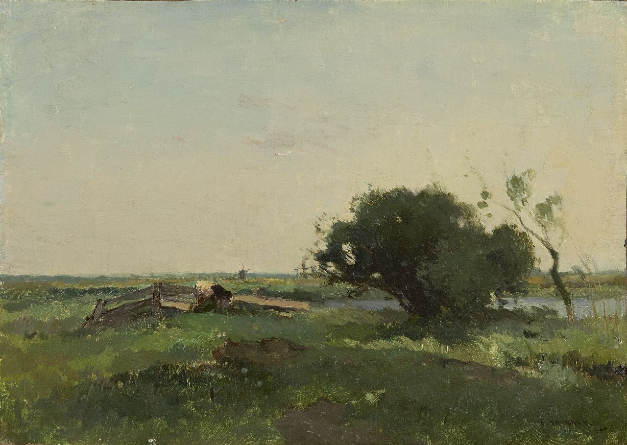 Knikker A. | Aris Knikker, Hollands weidelandschap met molen, olieverf op doek op schildersboard 22,5 x 31,0 cm, gesigneerd rechtsonder Knikker A. | Aris Knikker, Hollands weidelandschap met molen, olieverf op doek op schildersboard 22,5 x 31,0 cm, gesigneerd rechtsonder