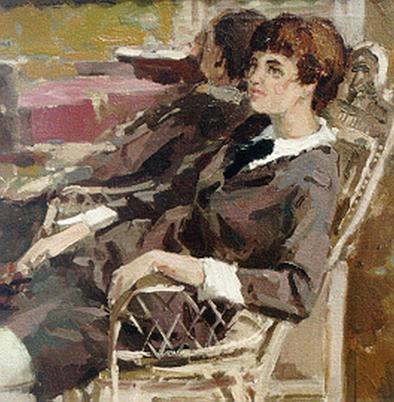 Boer H. de | Hessel de Boer, Jongedame in rieten fauteuil voor een spiegel, olieverf op doek 40,0 x 40,0 cm, gesigneerd linksboven Boer H. de | Hessel de Boer, Jongedame in rieten fauteuil voor een spiegel, olieverf op doek 40,0 x 40,0 cm, gesigneerd linksboven