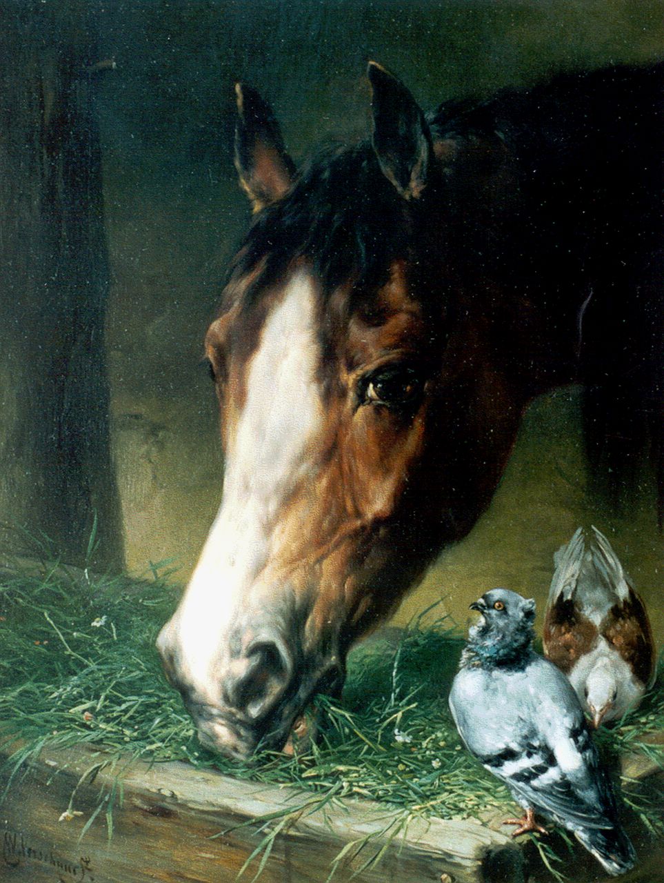 Verschuur W. | Wouterus Verschuur, Paardenhoofd en twee duifjes op de trog, olieverf op paneel 36,3 x 28,3 cm, gesigneerd linksonder Verschuur W. | Wouterus Verschuur, Paardenhoofd en twee duifjes op de trog, olieverf op paneel 36,3 x 28,3 cm, gesigneerd linksonder