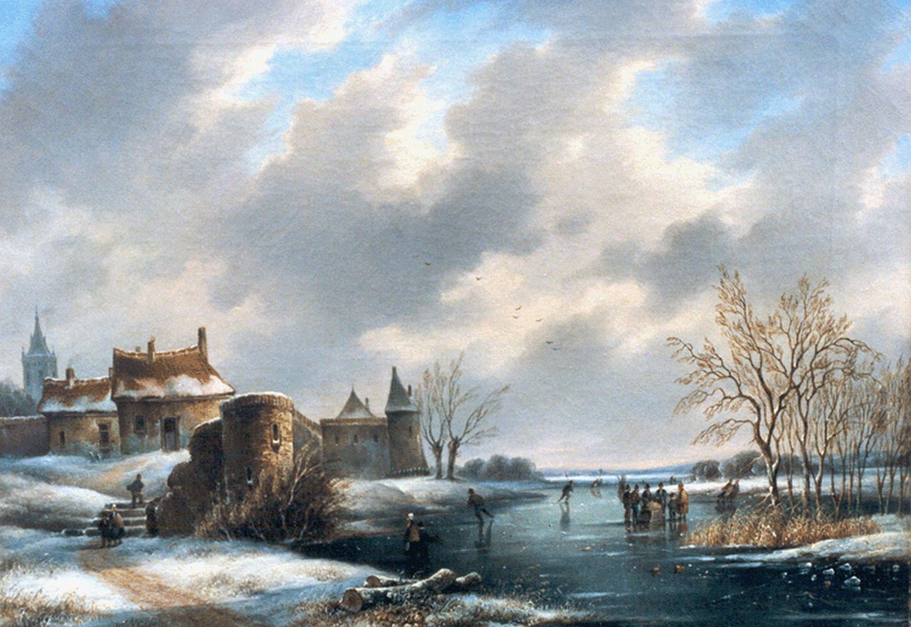 Hendriks G.  | Gerardus 'George Henry' Hendriks, Wintergezicht met schaatsers, olieverf op doek 42,2 x 56,3 cm