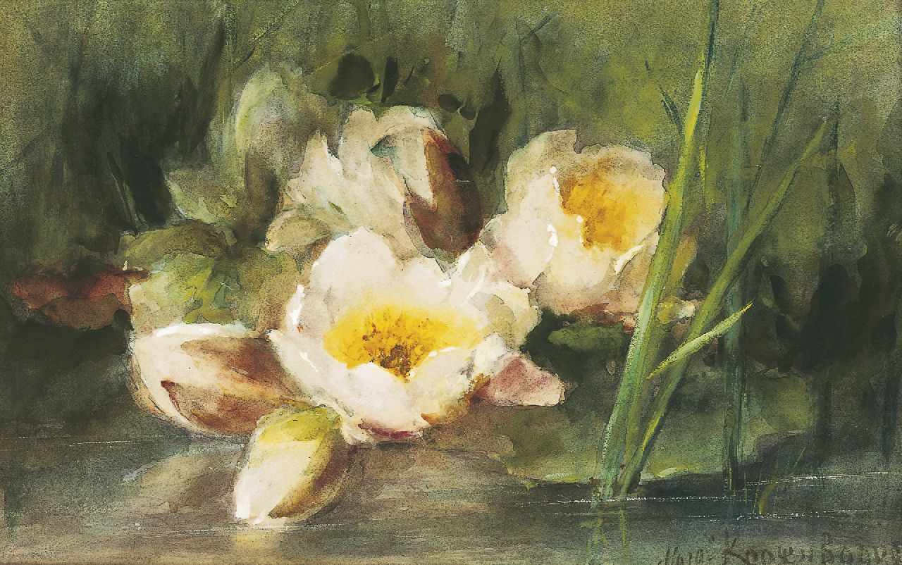 Roosenboom M.C.J.W.H.  | 'Margaretha' Cornelia Johanna Wilhelmina Henriëtta Roosenboom, Waterlelies, aquarel op papier 33,0 x 51,7 cm, gesigneerd rechtsonder