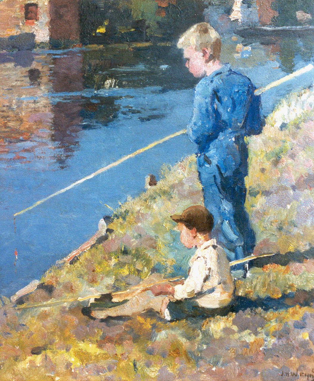 Weijns J.H. | Jan Harm Weijns, Katwijkse vissertjes, olieverf op schildersboard 39,5 x 34,2 cm, gesigneerd rechtsonder + verso Weijns J.H. | Jan Harm Weijns, Katwijkse vissertjes, olieverf op schildersboard 39,5 x 34,2 cm, gesigneerd rechtsonder + verso