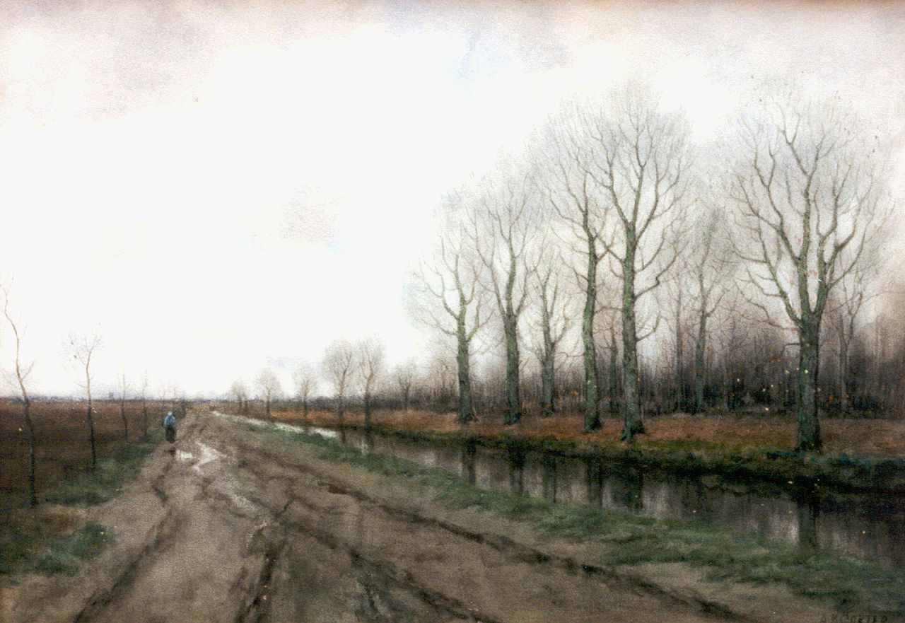 Gorter A.M. | 'Arnold' Marc Gorter, Winters landschap met boerin langs een vaart, aquarel op papier 33,4 x 46,7 cm, gesigneerd rechtsonder Gorter A.M. | 'Arnold' Marc Gorter, Winters landschap met boerin langs een vaart, aquarel op papier 33,4 x 46,7 cm, gesigneerd rechtsonder